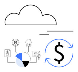 Cloud symbol, chart, Bitcoin, house, documents, dollar sign with arrows. Ideal for finance, investment, cryptocurrency analysis real estate digital banking flat simple metaphor