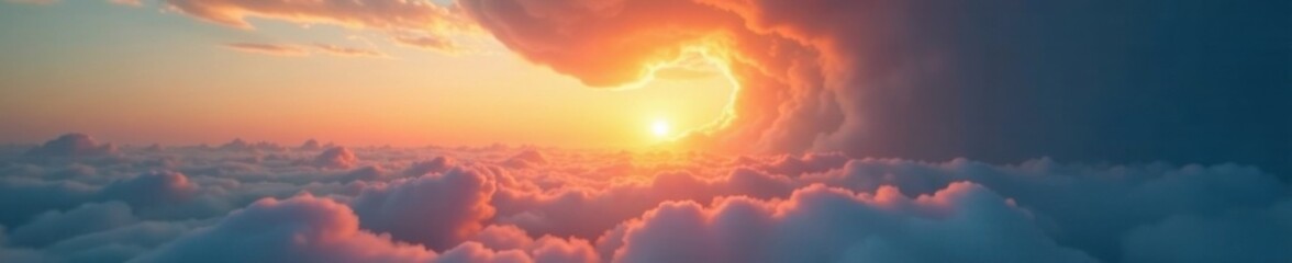 Fototapeta premium A giant cloud with a colossal opening, exposing the sun's rays and surrounding mist , weather phenomenon, natural wonder