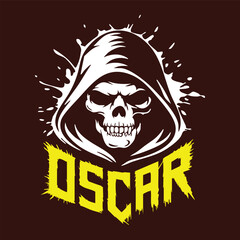 Hooded skull graphic with name below, splash effect