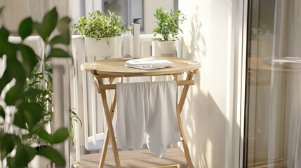 A modern, minimalist balcony setup with a fold-out clothes drying rack inside a table