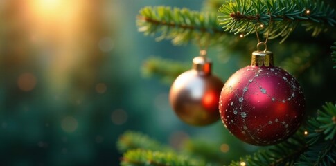 Obraz premium Colorful ornaments hang from a branch of a green fir tree, Decoration Ideas, Christmas Colors, Winter Wonderland