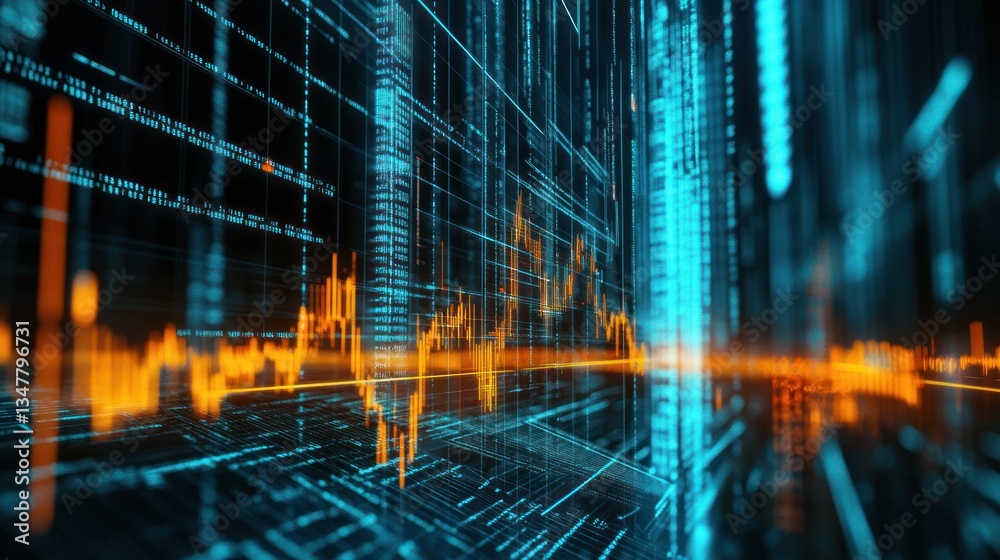 Poster digital data visualization with glowing lines and grids