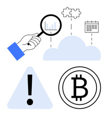 Fototapeta premium Hand holding magnifying glass analyzing graph, puzzle pieces, calendar, cloud, alert triangle, bitcoin. Ideal for technology, data analysis, cryptocurrency cloud computing risk management task