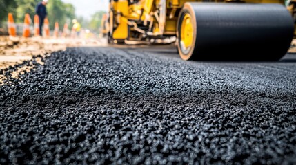 Road construction action paving asphalt in urban environment close-up viewpoint of heavy machinery