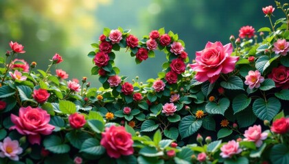 Fototapeta premium Floral wave with intertwined hearts amidst greenery, flowers, love