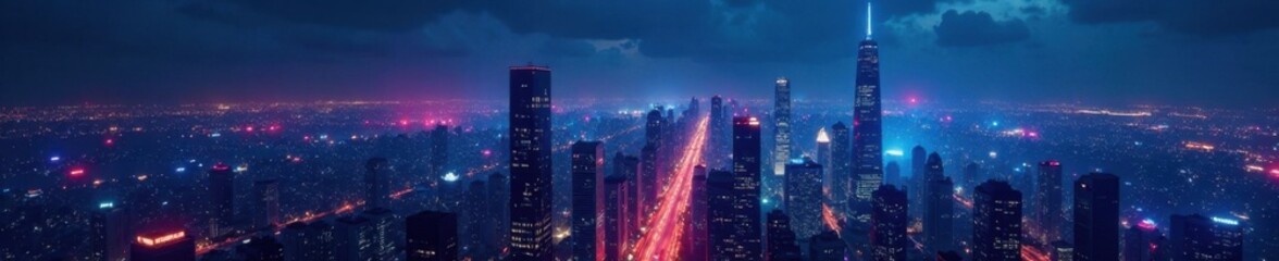Fototapeta premium Futuristic cityscape at night with sleek skyscrapers and neon lights , city, evening