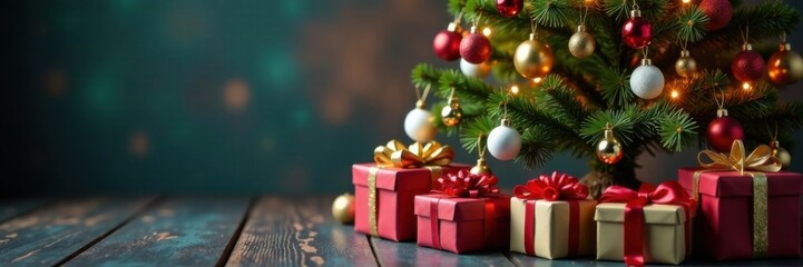 Decorated Christmas tree surrounded by festive gifts and colorful ornaments, Christmas decorations, bows
