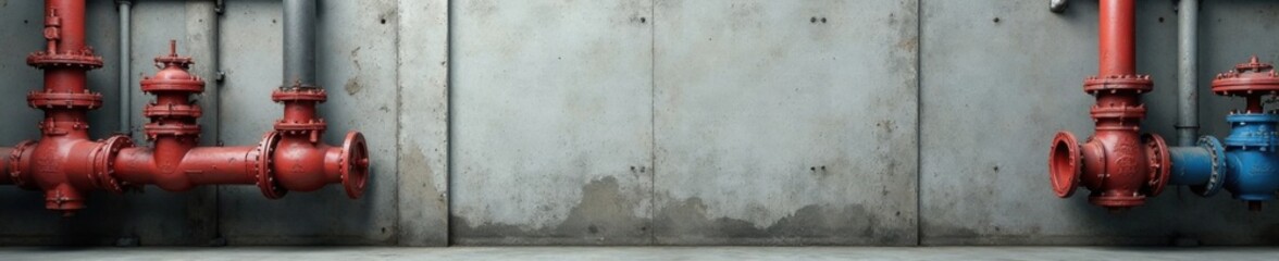 Fototapeta premium Industrial-style concrete wall with pipes and valves, factory, structural, mechanical