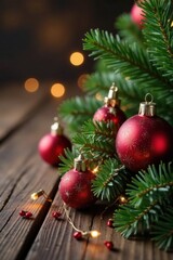 Decorative Christmas ornaments on wooden table, Decoration, Fruits, Ornaments