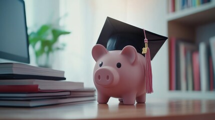Graduation piggy bank on desk with books and plant background
