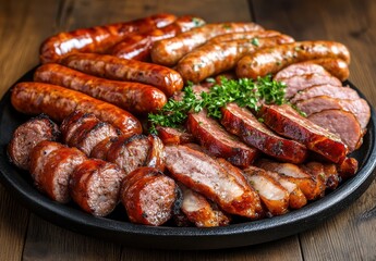 Assorted Grilled Sausages on Platter with Garnish of Fresh Herbs and Spices for Mouthwatering Barbecue or Summer Cookout Gatherings