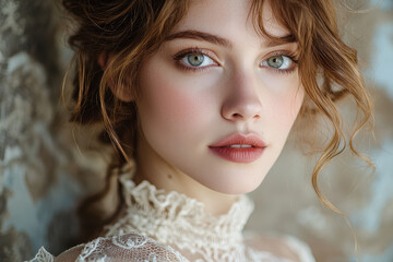 Fototapeta premium Close-up of a woman showcasing delicate jewelry and intricate lace details in a modern luxury setting