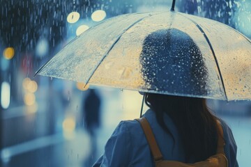 Woman Walking in Rain under Clear Umbrella at Night