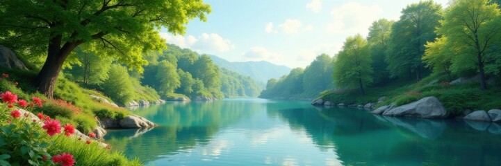 Mural of a serene outdoor space with lush greenery and a tranquil lake , nature, outdoor spaces