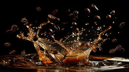 Coffee splashes in the air with roasted coffee beans on a dark background