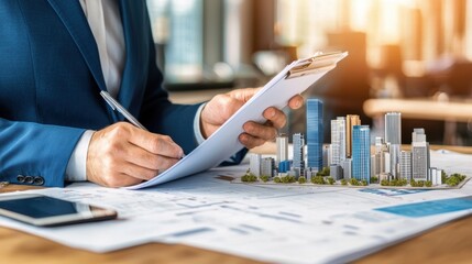 Business planning meeting with architectural models in office setting modern workspace professional environment