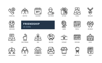 friendship support relationship best friend love connection outline line icon set