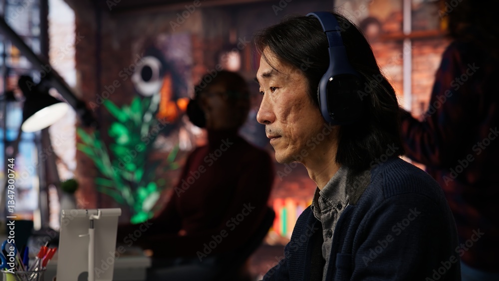 Poster ai startup office chief technology officer listening music while coding application. senior programm
