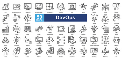 DevOps icon set in outline style, featuring 50 icons of automation, deployment, agile workflows, and software development. Ideal for IT operations, cloud computing, and CI/CD pipelines.