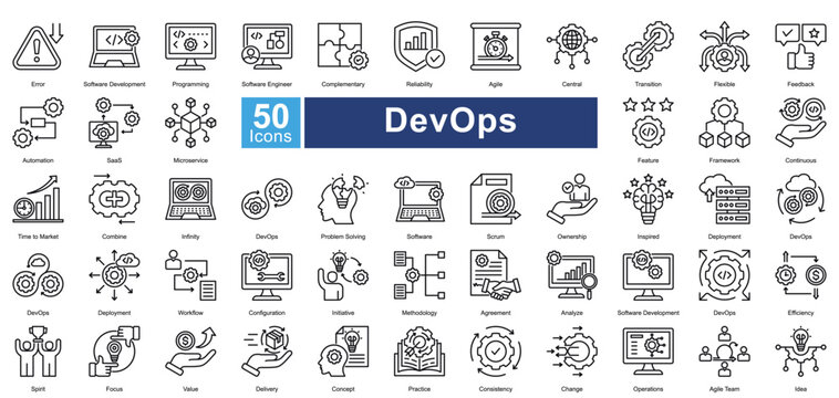 DevOps icon set in outline style, featuring 50 icons of automation, deployment, agile workflows, and software development. Ideal for IT operations, cloud computing, and CI/CD pipelines.