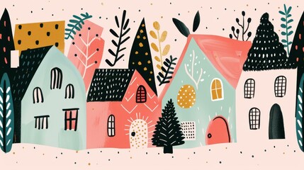 Whimsical scene of charming old houses adorned with festive decorations, capturing the warmth and joy of the holiday season.