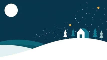 Naklejka premium A cozy winter landscape, blanketed in snow, features a peaceful scene with pine trees and twinkling stars, perfect for Christmas cheer.