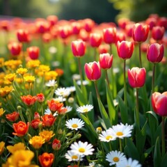 Fototapeta premium Tulips and daisies in a vibrant flower garden, floral, nature