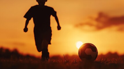 Silhouette of boy playing soccer at sunset