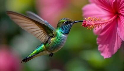 Hummingbird Drinking Nectar From Pink Hibiscus Flower in a Lush Garden