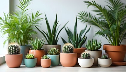 Obraz premium Set of indoor plants in colorful ceramic pots. A lush indoor garden featuring a variety of tropical plants, succulents, and cacti in stylish, colorful ceramic pots