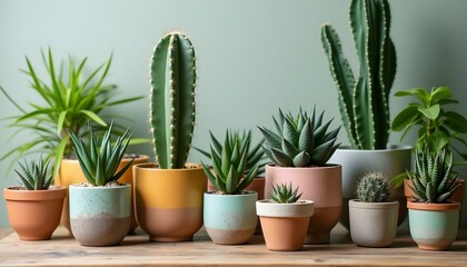 Obraz premium Set of indoor plants in colorful ceramic pots. A lush indoor garden featuring a variety of tropical plants, succulents, and cacti in stylish, colorful ceramic pots