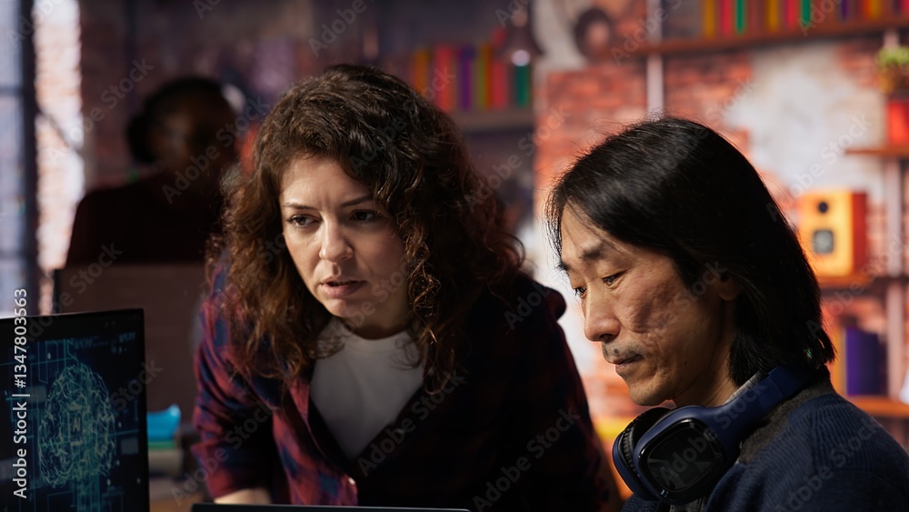 Poster it engineers cooperating in ai focused startup, debugging applications, crosschecking between pc and