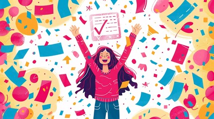 Modern exam success wish card glowing checkmark completed answer sheet confetti burst joyful student raising their hand dedicated blank space bordered pink red floral garland allows writing best wish