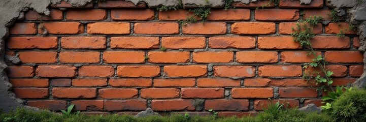 Obraz premium Distressed grunge brick wall with crumbling mortar and moss growth, texture, worn