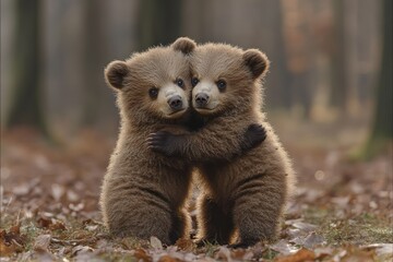 Obraz premium Twin bear cubs hugging in autumn forest