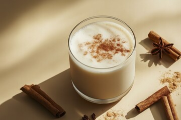 Creamy Festive Holiday Drink with Cinnamon and Star Anise Spice on a Light Background