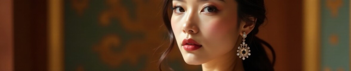Naklejka premium Elegant Asian woman in luxurious jewelry and high-end makeup, refinement, luxury