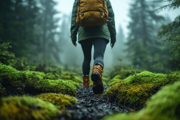 Woman hiking mossy trail, foggy forest, adventure