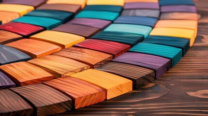 Fototapeta premium Vibrant curved blocks in hues of yellow, orange, and purple create a playful scene on a rustic wooden table. Perfect for any design