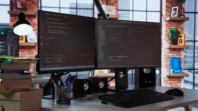 Empty AI tech agency office providing custom software development services. Technology venture workspace using machine learning to streamline coding process in startup office, handheld camera shot - Powered by Adobe