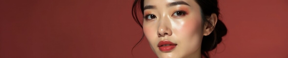 Naklejka premium Elegant woman with flawless skin and subtle Asian-inspired makeup, elegance, gentle glow, beige background