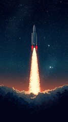 Rocket Launching Through Clouds Into The Starry Night Sky Exploration And Aspiration Adventure