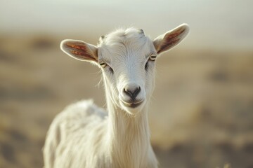 Fototapeta premium White Goat Kid Portrait with Yellow Eyes in Outdoor Rural Setting Looking at Camera
