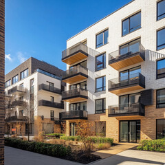 contemporary apartment buildings under a clear blue sky on a sunny day. facade of a contemporary apartment complex. Outside of a modern residential building during the ...