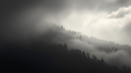 Naklejka premium Mysterious Foggy Forest Landscape in Black and White