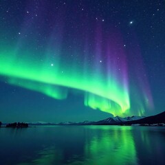 Shimmering aurora borealis with vibrant hues of blue and green, sparkle, glow