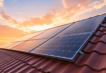 Close-up of solar panels on a roof at sunset. Copy space