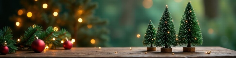 Evergreen trees stand on wooden table with fairy lights and ornaments , holiday, lighting