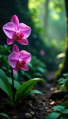 Fototapeta premium Exotic orchids and tropical blooms in the undergrowth, nature, jungle