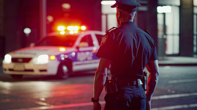 Nighttime urban police patrol with flashing lights and officer surveillance
